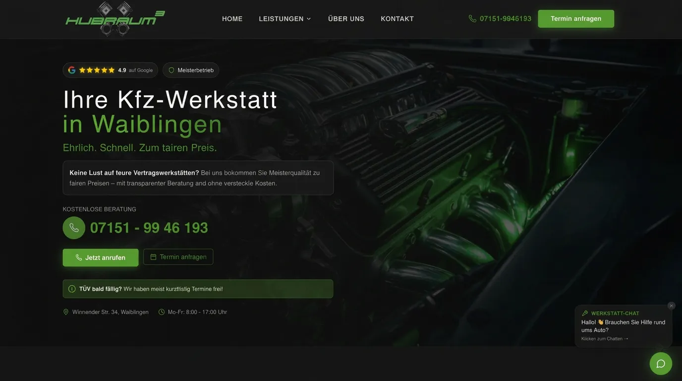 Hubraum KFZ – Webdesign-Projekt für eine Autowerkstatt